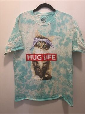 DOM "Hug Life" Cat Graphic Tie-Dye T-Shirt in Teal